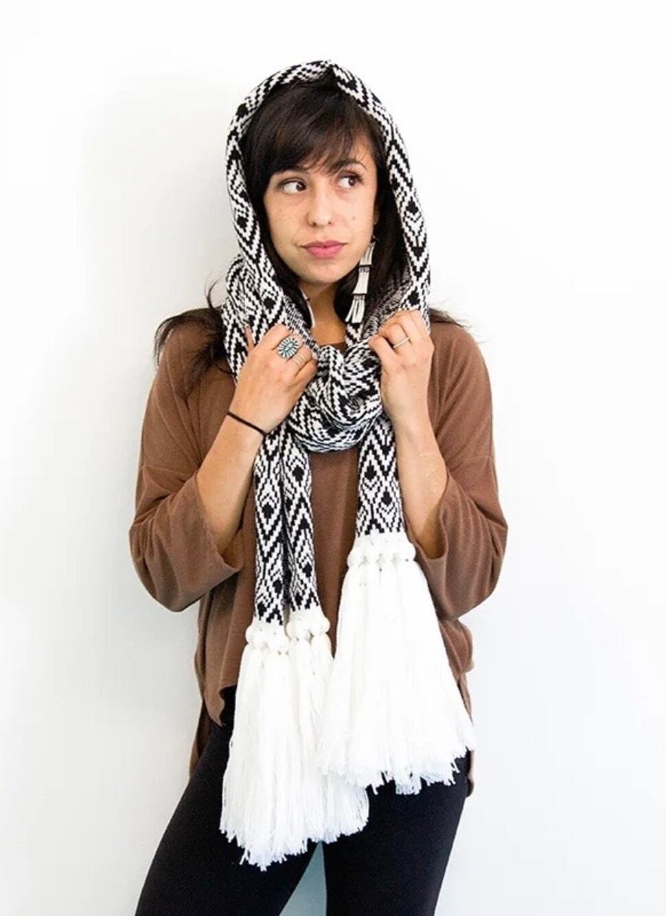 Makwa Feather Hoodie Scarf with Fringe Black White Oversized Chunky Knit